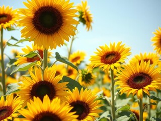 A close-up shot of vibrant yellow sunflowers under the bright summer sun, sunny, close-up