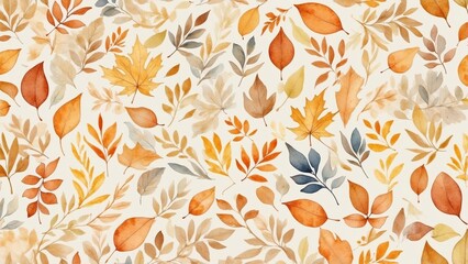 Autumn leaves watercolor pattern in warm tones on a light background copy space