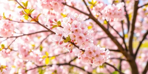 Obraz premium A close-up shot of vibrant pink cherry blossoms blooming on a tree branch in a sunny spring day, beauty, bloom
