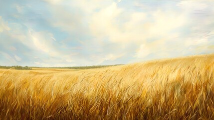 A vast landscape of golden wheat fields stretches across the canvas, gently swaying in the breeze under a light blue sky. The wheat is depicted in rich, vibrant hues of gold and yellow, with strokes t