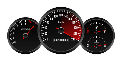 Car Dashboard. Car Panel Display. Car Speedometer Dashboard. Tachometer or Odometer Display. High Speed Concept. Vector Illustration.