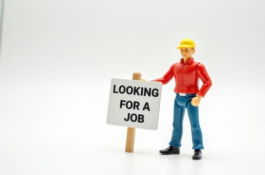 toy man holding a sign with the text (I'm looking for a job)