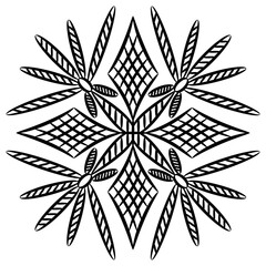 Abstract geometrical ornament in folk style. Black and white silhouette. Old Russian floral mandala shape.