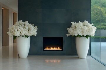 Grey slate modern fireplace with large white pots of hydrangeas both sides in a contemporary home.