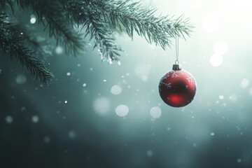 Red Christmas Ornament on Snowy Pine Branch, Close-up of a red Christmas ornament hanging on a frosted pine branch with gentle snowfall in the background.