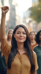 Obraz premium Confident Young Woman Raising Fist in Empowerment Gesture, Smiling young woman with raised fist in a crowd, representing empowerment, solidarity, and leadership in a social movement.