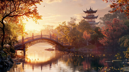 traditional Asian landscape at sunrise, featuring a graceful wooden bridge over a tranquil pond surrounded by lush trees, a pagoda in the distance, and autumn foliage