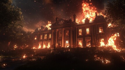 A large, old, mansion engulfed in flames, burning with intensity. The fire glows brightly, with smoke billowing into the night sky.