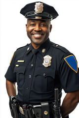 A smiling police officer in uniform stands confidently with a radio at his side in a cheerful pose
