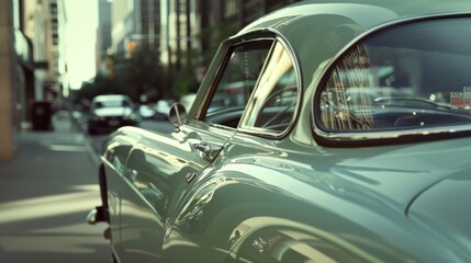 A classic car shines on a bustling city street, reflecting the elegance and nostalgia of a bygone era.
