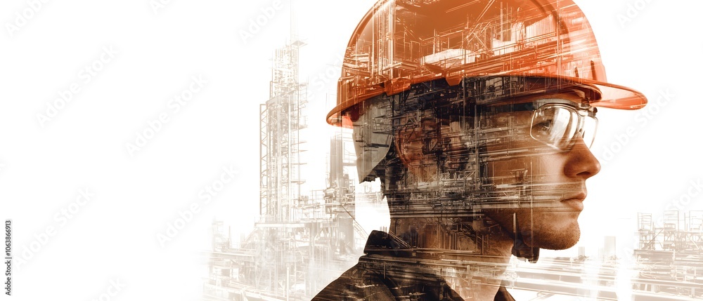 Poster engineer in hard hat with overlay of construction site