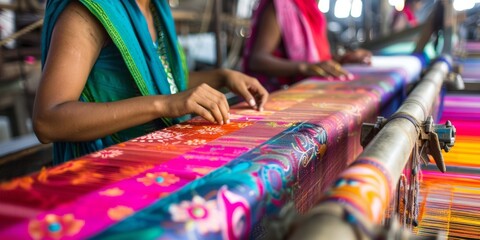 Obraz premium Woman Weaving Colorful Fabric