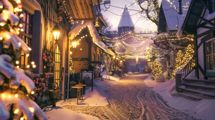 Fototapeta premium Snowy city street at Christmas, decorated with garlands. 