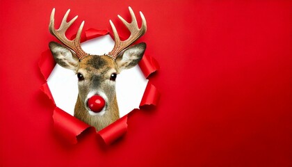 A charming Rudolph reindeer head with its iconic red nose playfully peeking through a torn red paper background