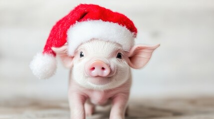 A cute little piglet wearing a Santa hat looks directly at the camera.