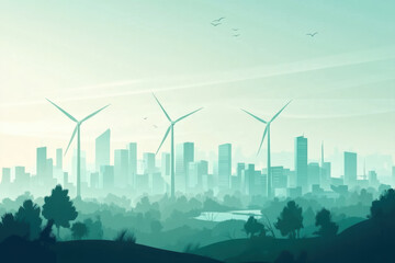 Fototapeta premium Modern Eco-Friendly City with Wind Turbines and Greenery, Foggy city skyline with wind turbines and surrounding trees, representing clean energy and sustainable urban living.