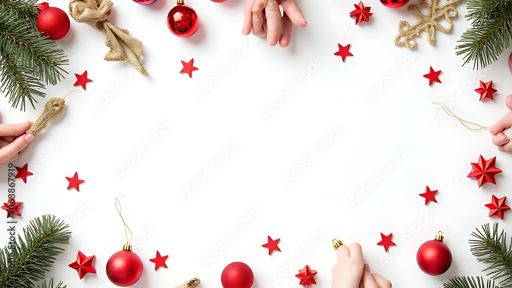 Aufkleber a festive holiday scene composed of christmas decorations arranged neatly on a white surface in a fl