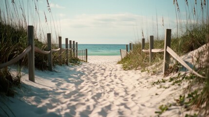 A sunlit sandy path lined with wooden fences invites you to a pristine beach, offering a tranquil escape under a bright blue sky.
