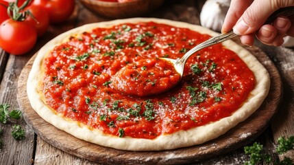 Close-up of a hand spreading tomato sauce on a pizza dough with a spoon.
