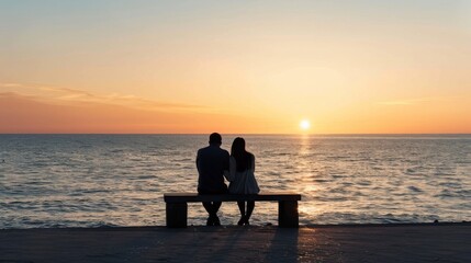 A couple sits on a bench, silhouetted against a serene sunset over the ocean, capturing a moment of tranquility and companionship by the sea.