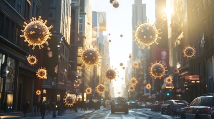 Obraz premium A city street with a cityscape in the background and many coronavirus particles floating in the air.