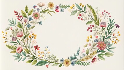 Obraz premium Elegant Floral Round Frame with Wildflowers for Wedding Card Design, Hand-Drawn Botanical Border, Line Art Illustration, Perfect for Invitations and Stationery