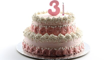 Food, Sweet, 3rd Birthday Cake, Pink, Photo Realistic, White Background, Wallpaper, Cover and Screen for Smartphone, PC, Laptop, 9:16 and 16:9 Format