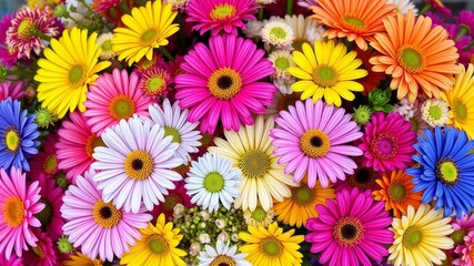 A close-up shot of a vibrant bouquet of assorted flowers, showcasing a beautiful array of colors and textures in full bloom, close-up, colors