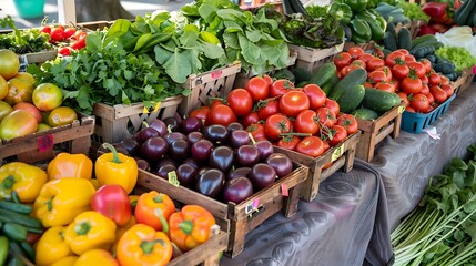 A colorful display of fresh, organic vegetables at a bustling local farmers market, with a variety of vibrant produce like tomatoes, peppers, and leafy greens.