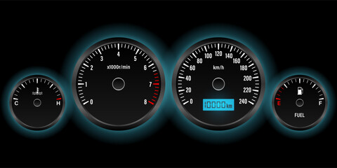 Car Dashboard. Car Panel Display. Car Speedometer Dashboard. Tachometer or Odometer Display. Vector Illustration.