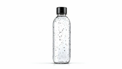 Sparkling Water Bottle with Bubbles, Clear Plastic, Black Cap, Isolated
