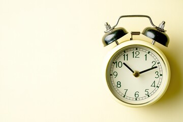 Retro alarm clock on pastel yellow background