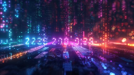 Fototapeta premium A creative graphic of a progress bar loading from 2022 to 2023, with glowing effects and numbers incrementing towards the new year.