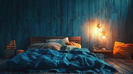 Cozy bedroom with blue walls, a bed, and warm lighting, creating a relaxing atmosphere.