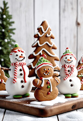Obraz premium Three gingerbread men stand on a wooden board