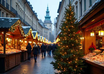 Fototapeta premium A festive Christmas tree stood tall among the vendors at a bustling European winter street market