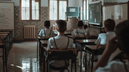 Fototapeta premium Students in uniform sit attentively in a sunlit classroom, their backs turned as they face the teacher, an aura of concentration filling the room.