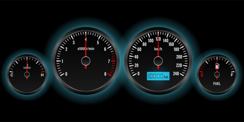 Car Dashboard. Car Panel Display. Car Speedometer Dashboard. Tachometer or Odometer Display. Vector Illustration.