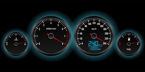 Car Dashboard. Car Panel Display. Car Speedometer Dashboard. Tachometer or Odometer Display. High Speed Concept. Vector Illustration.