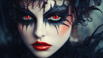 A woman with dark makeup and red eyes, looking directly at the camera.  Her eyes are outlined in black and she is wearing black feathers and a black veil.  Her lips are painted a bright red.