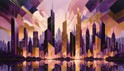 Purple and gold cityscape with skyscrapers