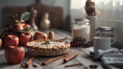 Naklejka premium A rustic wooden table hosts a delicious, freshly baked apple pie surrounded by apples, cinnamon sticks, and sugar jars, evoking a cozy autumn scene.