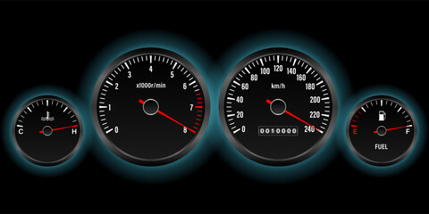 Car Dashboard. Car Panel Display. Car Speedometer Dashboard. Tachometer or Odometer Display. High Speed Concept. Vector Illustration.