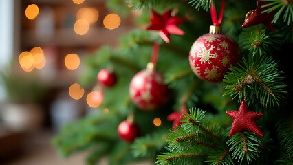 Obraz premium A festive Christmas scene featuring lush green branches as a backdrop for holiday decorations and celebrations