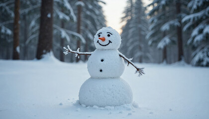 Fototapeta premium Making snowman in the forest from the first snow Snowy winter coniferous trees covered with snow