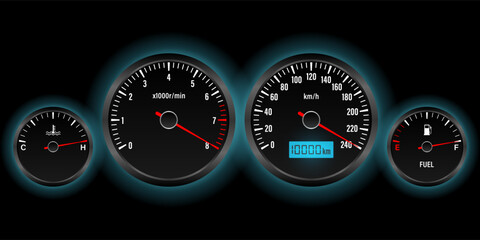 Car Dashboard. Car Panel Display. Car Speedometer Dashboard. Tachometer or Odometer Display. High Speed Concept. Vector Illustration.