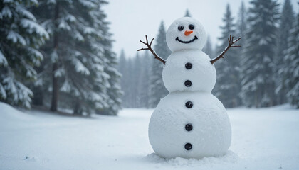Snowman making snowman in the forest from the first snow snowy winter coniferous trees covered with snow
