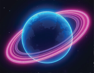 vector of a planet with a glowing blue background and pink digital holographic lines on dark sky