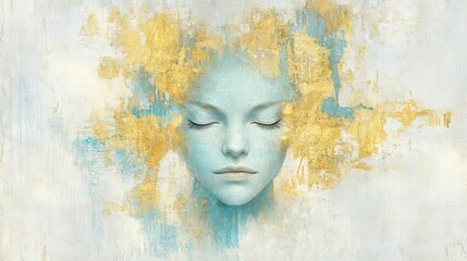 A serene woman's face blended with soft gold and blue textures, reflecting tranquility and artistic expression