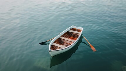 Obraz premium A pristine rowboat glides effortlessly over a tranquil expanse of water, surrounded by peace and stillness.
